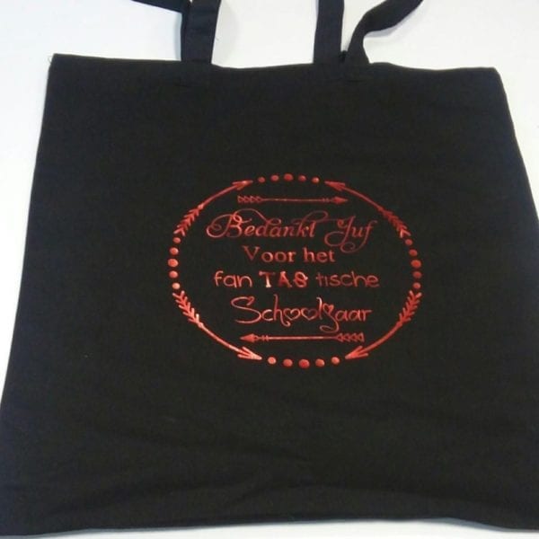 tas zwart met rode letters fan tas tische juf